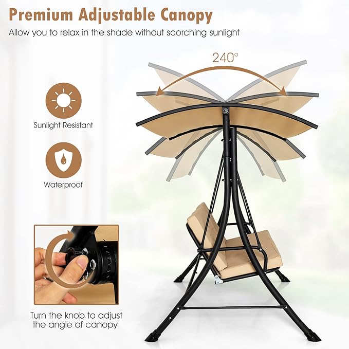 Tangkula 3 Person Porch Swing, Outdoor Swing with Removable Cushions, Solid Steel Structure, Patio Swing with Adjustable Canopy for Garden, Backyard, Balcony, Poolside Beige