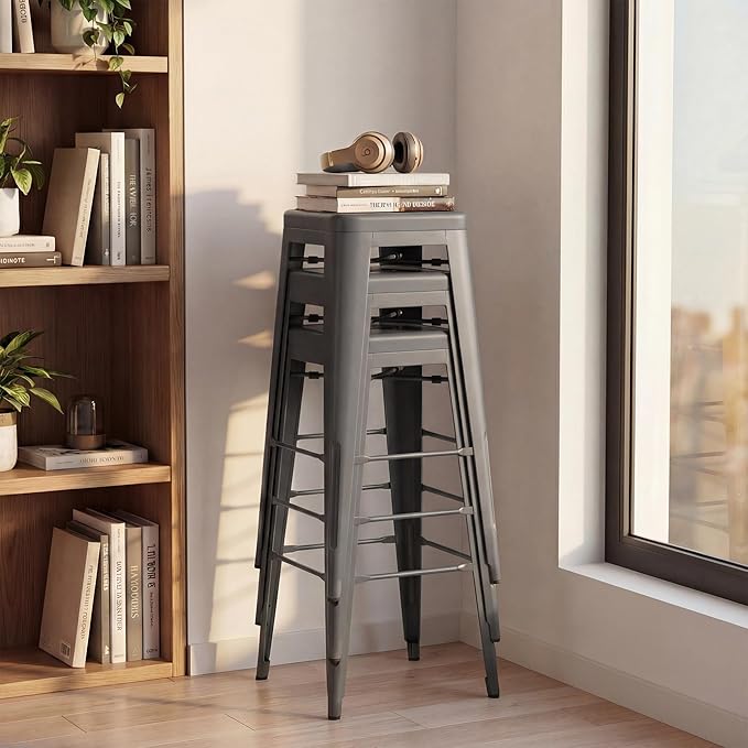 Shahoo 30 Inches Metal Bar Stools Counter Height Stackable Backless Stools, Industrial Patio Stools Indoor Outdoor Metal Kitchen Stools Set of 4 (Grey, 30'')