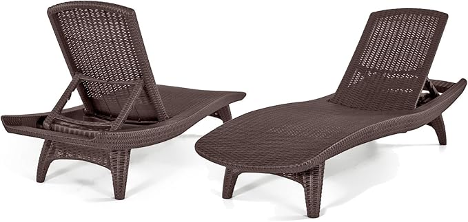 Keter Set of 2 Pacific Sun Lounge Chair Outdoor Chaise Pool Chairs with Resin Rattan Look and Adjustable Back