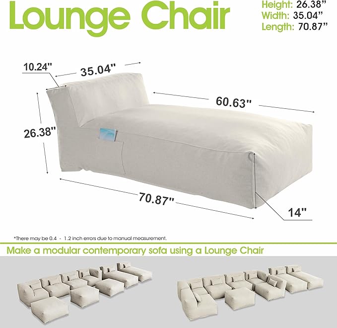 Outdoor Bean Bed Chair Sun Lounger, Outdoor Couch Sofa for Patio & Pool, Foam Filling Day Bed Furniture, Comfy Lazy Sofa for Outside, Water-Resistant Seating (Ivory, 70'' L)