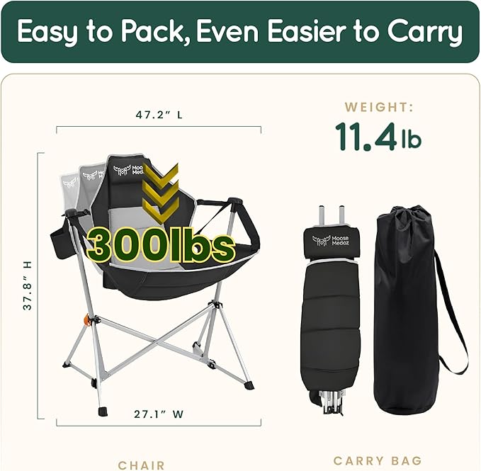 Hammock Camping Chair – Folding Swing Chair with Headrest & Cup Holder, 300 lbs Support, Breathable Mesh, Portable & Lightweight for Outdoor, Camping, Fishing, Patio & Travel