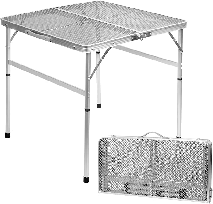 Square Folding Card Table with Adjustable Height (12" & 26"), Silver Portable Metal Mesh Table for Camping, BBQ, Picnic, Game, Patio & Indoor Use, Fits 2–4 People, Lightweight 7.6 lb, Supports 66 lb