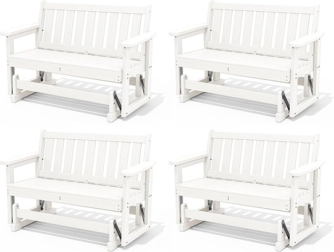 SERWALL Outdoor Glider Bench Set of 4, HDPE Weather-Resistant Swinging Bench for Backyard Garden Porch, White