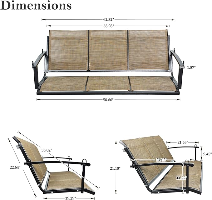 Textilene 3 Seat Hanging Swing, 5.2FT Patio Bench Swing, 660lbs Heavy Duty Outdoor Porch Swing with Hanging Chains for Courtyard, Garden, Tree, Yard