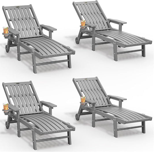 Patio Chaise Lounge Chair Set of 4, Oversized Lounge Chair Outdoor with 5 Positions, HDPE, Patio Lounge Chair with Wheels & Cup Holder for Pool, Deck, Poolside,Grey