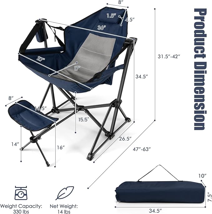 Tangkula Set of 2 Hammock Camping Chair, Portable Camp Chair with Retractable Footrest, Adjustable Back, Headrest, Cup Holder & Carry Bag, Outdoor Folding Lawn Chair for Camping, Fishing, Hiking