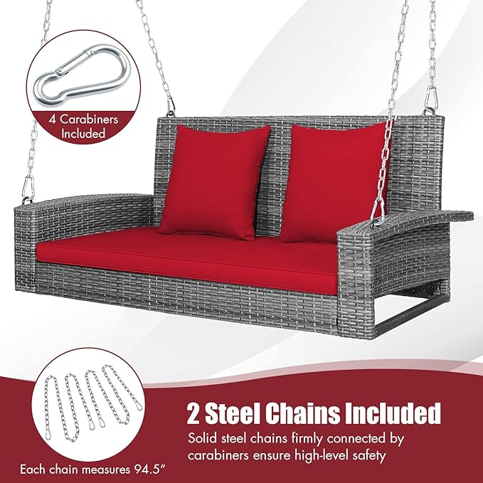 RELAX4LIFE 2-Person Porch Swing Bench - PE Rattan Outdoor Swing Chair with Comfortable Seat & Back Cushions, Rustproof Metal Chains, Patio Loveseat Swing for Balcony, Garden, Yard, 800 LBS (Red)
