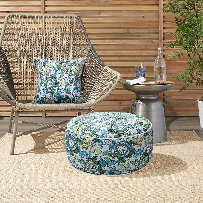 Magpie Fabrics Indoor/Outdoor Inflatable Stool Ottoman Pouf, Water Repellent Round Footrest Footstool with Foot Pump D20 xH9, Portable for Patio Garden Travel Camping or Home, Floral Blue Green