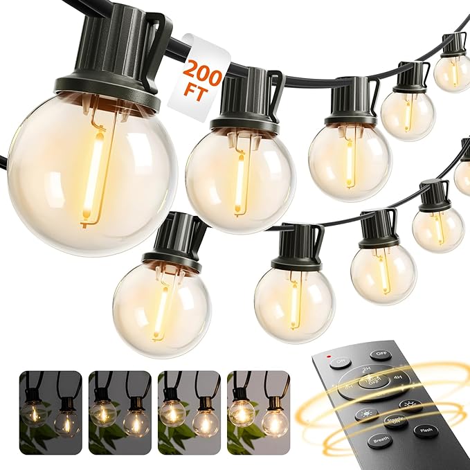 addlon Outdoor String Lights 200FT G40 with Remote, 108 LED Shatterproof Bulbs, Dimmable Patio Globe Lights Waterproof, Hanging Outside Lighting for Backyard, Garden, Deck, Balcony, Porch, Café, Decor