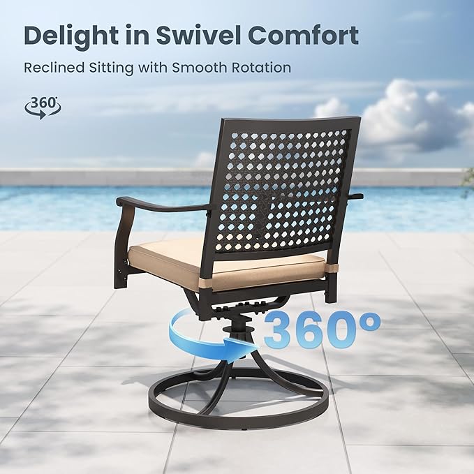PHI VILLA 7 Pieces Outdoor Dining Set for 6 with Umbrella, 60" Long Metal Table & Swivel Iron Chairs with Cushions & 13ft Red Umbrella, Modern Steel Furniture Set for Patio, Deck, Yard, Porch