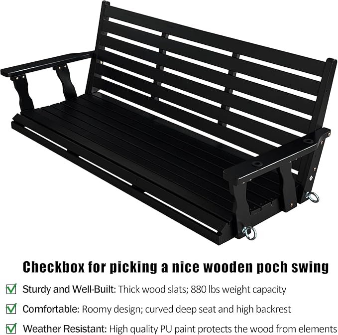 Wooden Porch Swing, Ergonomic Seat, Bench Swing with Hanging Chains and 7mm Springs, Heavy Duty 800 LBS, for Outdoor Patio Garden Yard (Carbon Black, 3-Seater Extra Large)
