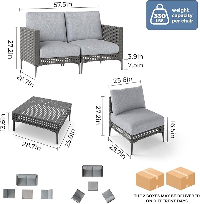 Outdoor Patio Sofa Conversation Set–Rattan 4 Seats Comfortable Couch for Garden, Yard, Weatherproof–Includes Glass Table, Armless Chairs, and Two-Seater Sofa