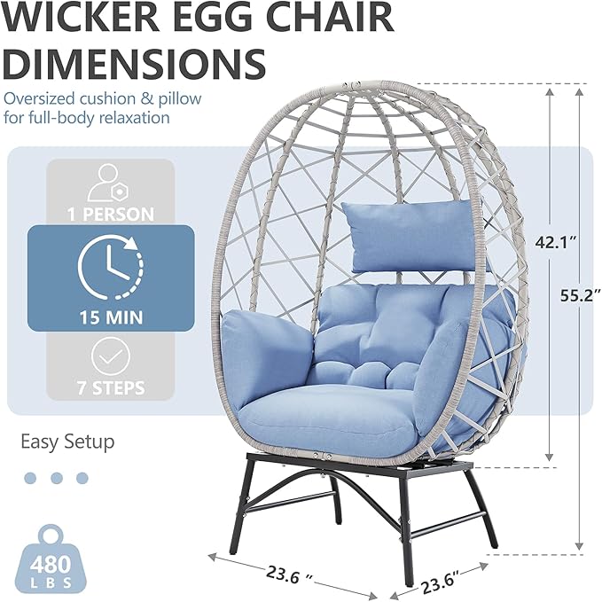SWITTE Wicker Egg Chair Outdoor, Oversized Patio Lounge Chairs with Cushion for Indoor Living Room, Bedroom, Outside Backyard Balcony-Light Blue