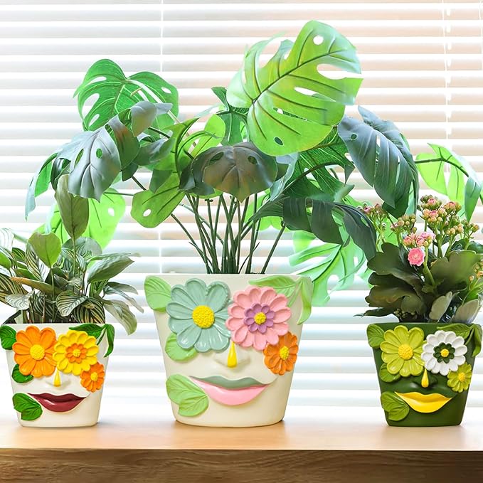 GUGUGO 8 Inch Large Flower Face Planters, Abstract Unique Head Plant Pot with Drainage, Rainbow Colorful Cute Flower Plant Pots for Indoor Plants, Funny Gardening Pot Gift Home Décor, Blue&Pink