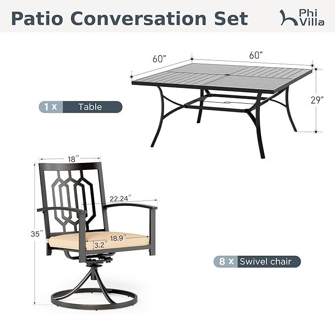 PHI VILLA 9 Pieces Outdoor Dining Set for 8, 60" Black Square Wrought Iron Table with Umbrella Hole & Swivel Metal Chairs with Cushions, Large Outside Furniture Set for Patio, Deck, Yard, Porch