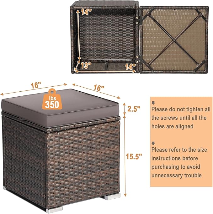 RELAX4LIFE Wicker Outdoor Storage Ottoman, 2-Piece Rattan Footstool w/Removable Cushion, Multipurpose Footrest Stool Side Table Additional Seating, Set of 2 Outdoor Ottomans for Patio Deck (Grey)