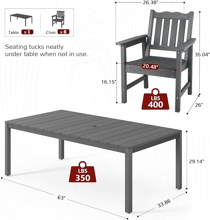Stoog All-Weather Patio Dining Table for 6, Outdoor HIPS & Aluminum Frame Dining Table with 350 lbs Weight Capacity, Umbrella Hole, Grey