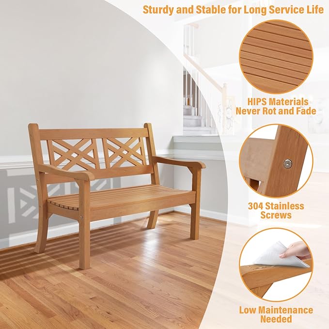 Psilvam 49''W All-Weather Poly Lumber Outdoor Bench – 2- Person Garden Bench with Decorative Backrest & Curved Armrests, Anti-Fade Patio Bench for Porch, Backyard, and Park(Teak Color)