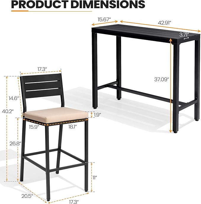 Crestlive Products Outdoor Bar Table and Chairs Set, 3 Piece Outside Patio Bar Set with 43" Long Bar Table and 2 Bar Stools for Balcony, Bistro, Garden, Backyard(Black Desktop and Beige Cushion)