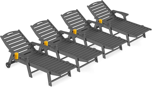 Ciokea Outdoor Lounge Chair Set of 4, All Weather Patio Chaise Lounge Chair for Outside, HDPE Chair with Rolling Wheels & Cup Holder, 5 Position, Deck, Pool, Dark Grey