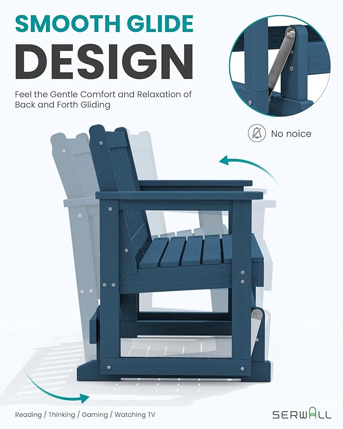 SERWALL Outdoor Glider Bench Set of 2, HDPE Weather-Resistant Swinging Bench for Backyard Garden Porch, Deep Navy