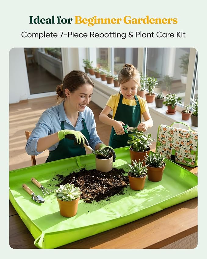 Grenebo 7-Piece Gardening Tools Set, Gift for Women, Beginners, Tools Kit with Plant Repotting Mat & Tool Bag, Stainless Steel Gardening Hand Tools for Indoor Transplanting, Succulent Bonsai Plants