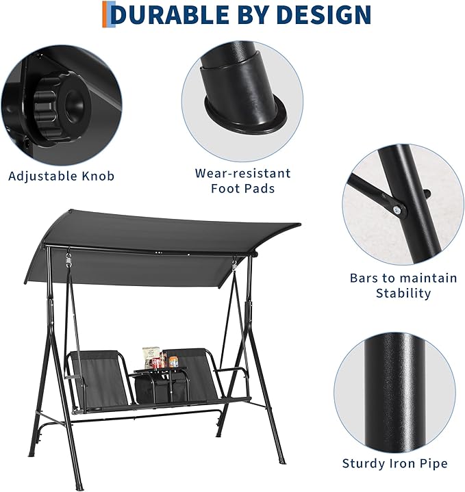2-Person Porch Swing with Cup Holders, Pivot Storage Table & Cooler Bag, Adjustable Canopy, Black Steel Frame Outdoor Patio Swing for Backyard, Balcony & Poolside