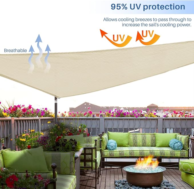 E&K Sunrise 13' x 13' x 13' Sun Shade Sail Triangle Canopy Shade Cover UV Block for Patio Backyard Garden Outdoor (Beige)