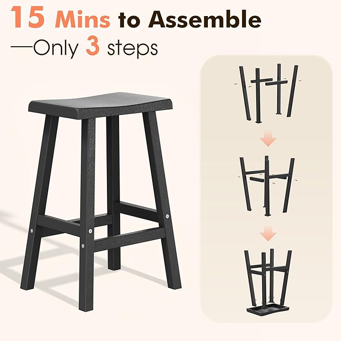 NUNU LAB Waterproof Barstools Set of 2-24 Inch HDPE Dining Height Indoor/Outdoor Stools with Curved Backrest, UV Resistant Kitchen Breakfast Nook Chairs for Dining Room,Patio,Small Space (24")
