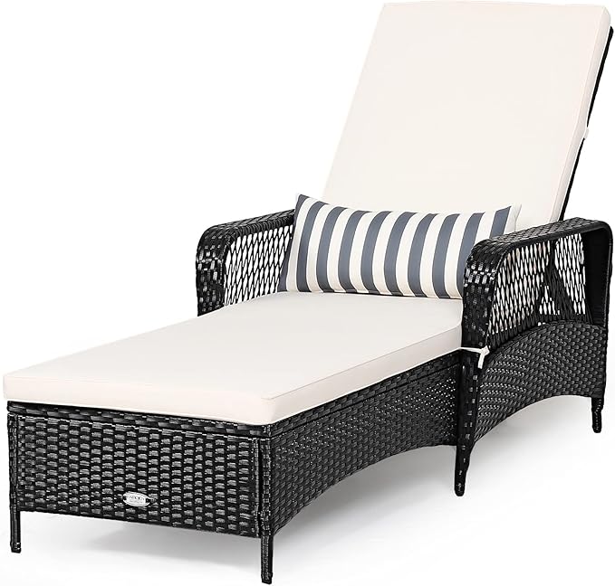 Tangkula Wicker Chaise Lounge Outdoor Set of 2, Patio Rattan Reclining Chaise with 6-Gear Adjustable Backrest, Thick Padded Cushion & Removable Lumbar Pillow, Pool Lounge Chairs for Outside Balcony