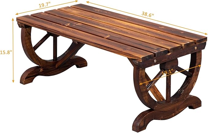 Outvita Wooden Garden Bench, Outdoor Rustic Wagon Wheel Bench with Carbonized Finish & Fir Construction for Garden Porch Backyard Patio Park, Seats 2 Person Brown