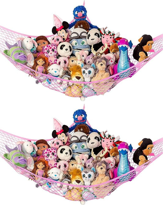 Lilly's Love Large Stuffed Animal Hammock | Corner Hanging Organizer, Toy Storage, Stuffed Animal Storage Net | Made from Quality Fishing Net, Holds 12lbs | 79"x63"x63" (Pink, 2 Pack)