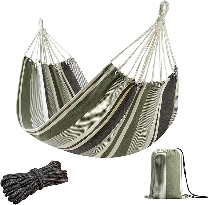 JoyView Brazilian Hammock for Single Person Portable Hammock with Hanging Ropes & Carry Bag Large 78.8x39.4” for Patio 300LBS Capacity Perfect for Outdoor/Indoor - Green Grey Stripes