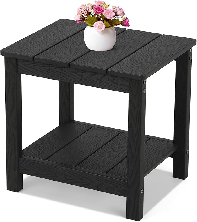 Stoog Outdoor Side Table with 2 Layer Storage, All-Weather Rectangular End Table, Low Maintenance, Black