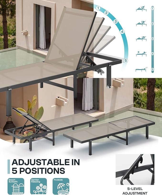 Aluminum Outdoor Lounge Chairs Set of 2, Pool Lounge Chairs with Wheels and 5-Position Recliner -Easy to Move- Patio Chaise Lounge Outdoor for Poolside, Deck, Beach (Khaki)