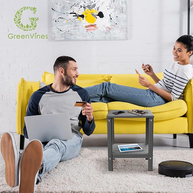 GREENVINES Adirondack-Outdoor-Side-Table | 14 x 13 Inches | HDPE Plastic | All Weather | Grey | Outside End Tables | Storage Shelf | for Patio Porch Backyard Indoor