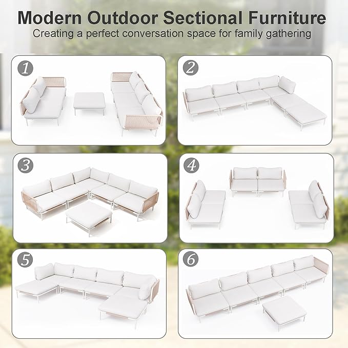 6 Piece Modern Outdoor Sectional Sofa, 31" Oversized Patio Furniture Set with Olefin Woven Rope, Weather-Resistant Metal Frame and Removable Cushion, Beige