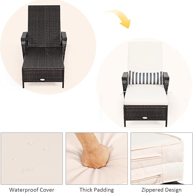 Tangkula Wicker Chaise Lounge Outdoor Set of 2, Patio Rattan Reclining Chaise with 6-Gear Adjustable Backrest, Thick Padded Cushion & Removable Lumbar Pillow, Pool Lounge Chairs for Outside Balcony