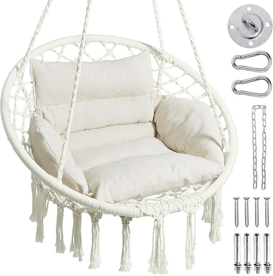 Greenstell Hammock Chair, Macrame Swing Chair with Comfy Cushion, Boho Hanging Chair for Outdoor & Indoor, Perfect for Bedroom, Patio, Balcony, Hold up to 330Lbs, White