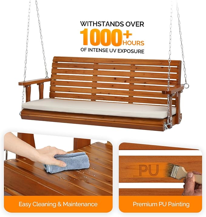 VINGLI Wooden Porch Swing, Heavy Duty 880 LBS Hanging Patio Bench with Extra Cushion for Lawn| Garden| Courtyard (Brown, 5 feet)