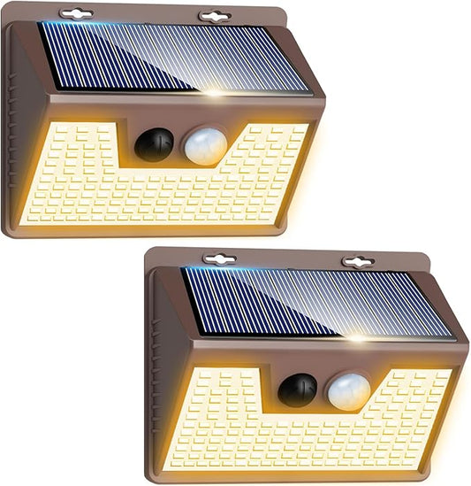 Peasur Solar Lights Outdoor Motion Sensor Waterproof, 2Pack 140LED Brown Solar Powered Fence Light, 3 Modes Security Wall Lights for Garden Yard Outside(Warm White)