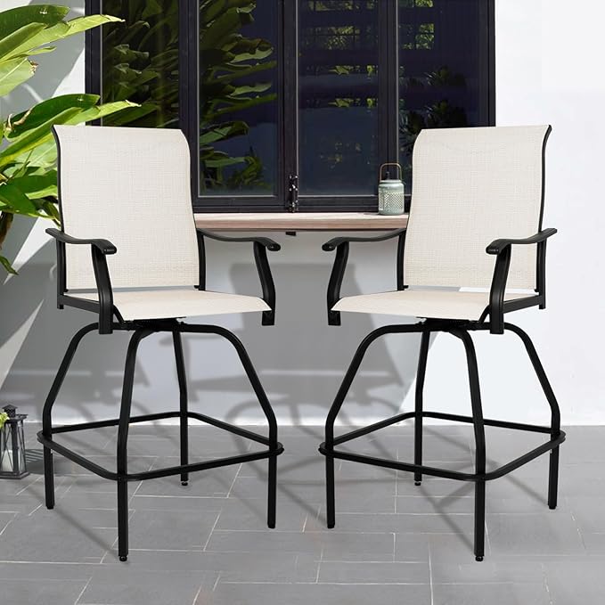 LEVELEVE Patio Bar Set 4pcs Swivel Bar Stools Outdoor Bistro Textilene Furniture Stability All-Weather Set (Beige Fabric)
