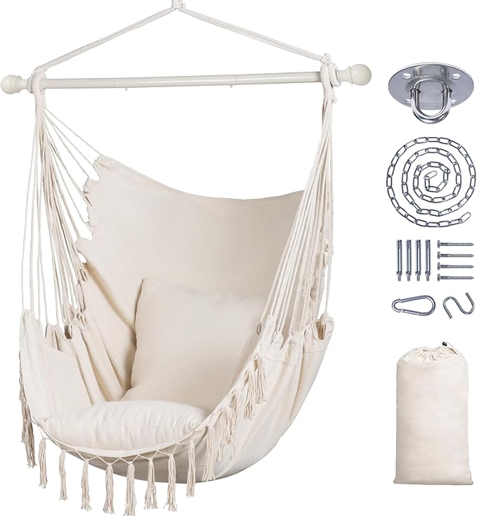 SUNCREAT Hammock Chair Hanging Rope Swing Seat-Max 450lbs Capacity, Extra Large Macrame Hanging Swing with Side Pocket, Two Seat Cushion, Beige