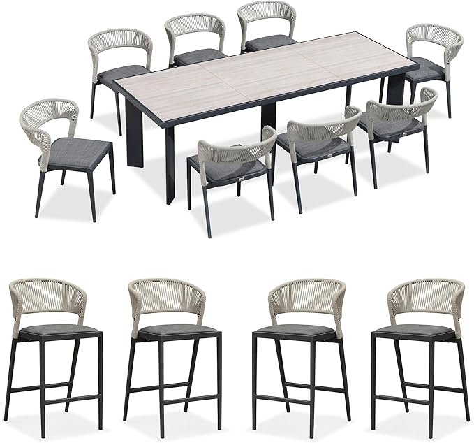 PURPLE LEAF 9 Pieces Outdoor Dining Set Patio Table and Chairs Set Aluminum Wicker Rattan Patio Furniture Set for Lawn Garden Porch Beige Marble Color Outdoor Set with Counter Stools