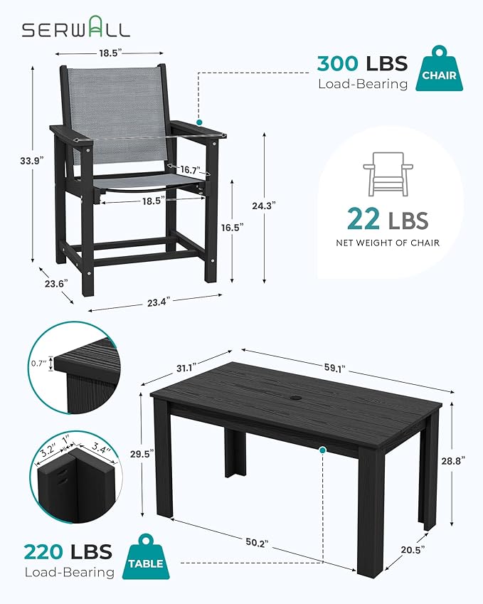 SERWALL 7 Piece Outdoor Dining Table Sets for 6 with 1 Umbrella Hole Cut-Out Rectangular Table and 6 Textilene Chairs, HDPE Dining Table Sets for Garden, Backyard, Poolside, Black