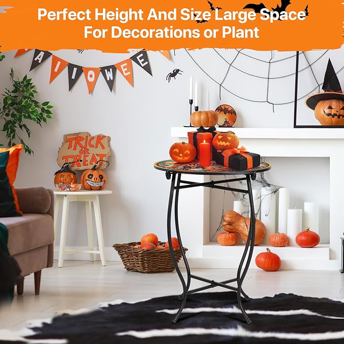 Fashion&cool Patio Side Tables, 14 Inch Weather Resistant Metal Outdoor Side Table for Halloween, Round End Table Side Table for Patio Yard Porch Balcony Garden Bedside, Plant Stand (Orange-Pumpkin)