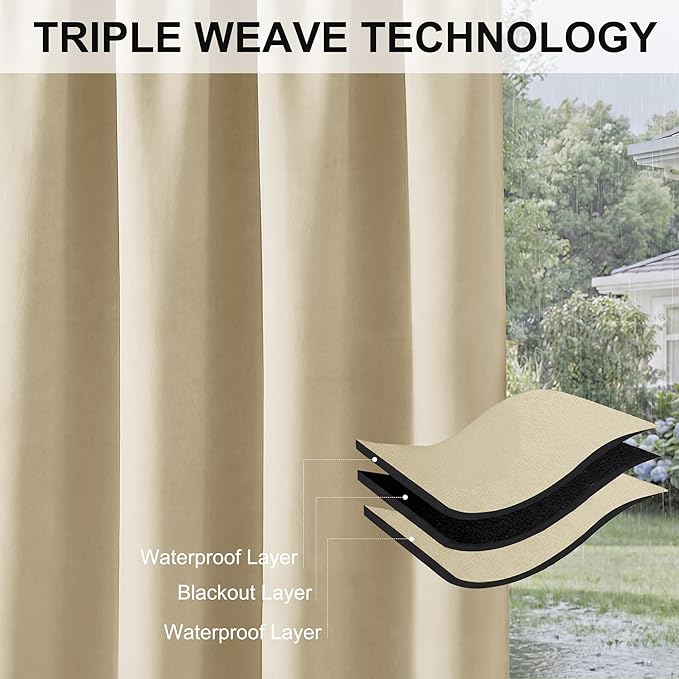 RYB HOME Outdoor Curtains for Patio Waterproof Block Sunlight Thermal Insulated Privacy Assured Thick Outside Curtains for Pergola, Cabana, Gazebo, W52 x L72, Biscotti Beige, 1 Panel