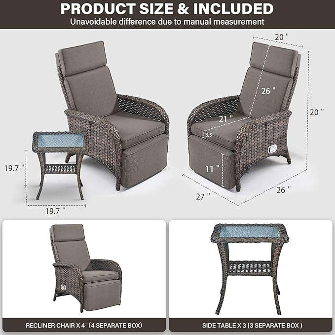 Belord 7 Piece Wicker Patio Furniture Set - 4 Adjustable Outdoor Recliner Chairs with 3 Side Table Patio Conversation Set,155° Lay Flat Chaise Lounge Chair Outdoor for Pool Deck Brown