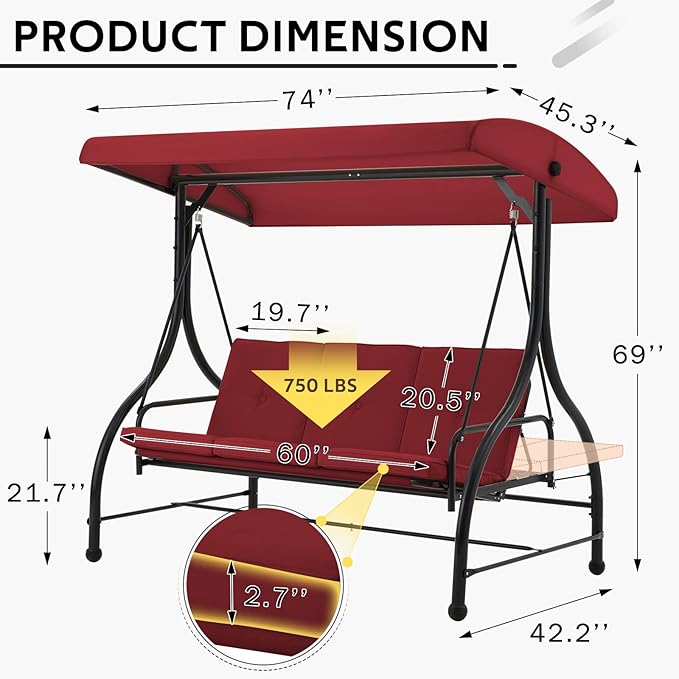 U-MAX Porch Swing with Cover, Patio Swing with Adjustable Backrest&Canopy 3 Seat Outdoor Swing with Canopy 2-in-1 Convertible Patio Daybed with Removable Burgundy Cushions