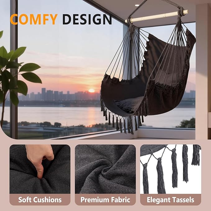 ONCLOUD Hammock Chair Hanging Rope Swing, Load Capacity Up to 550 LBS Macrame Hammock Swing Seat with Two Cushions, Hammock Seats with Portable Steel Spreader Bar for Indoor/Outdoor, Dark Grey